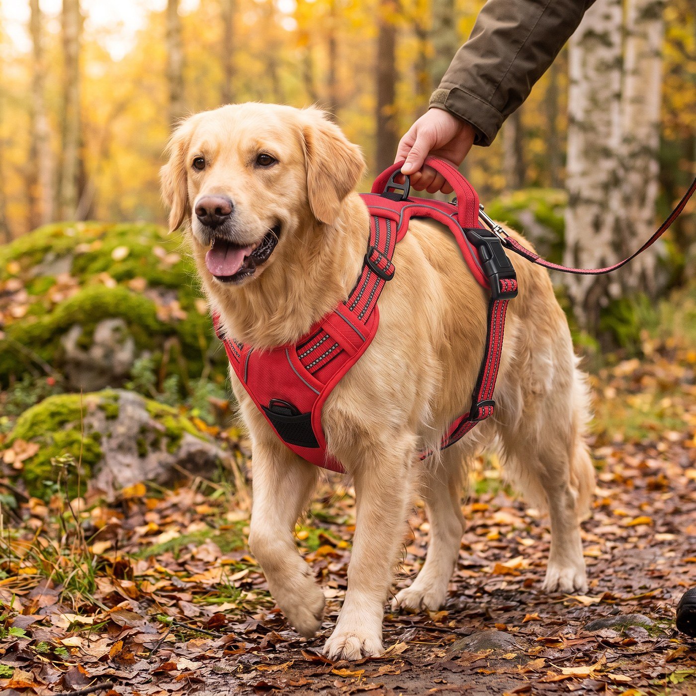 Golden retriever bär Draglös anti-drag hundsele på skogspromenad med ägaren som håller i det vadderade handtaget
